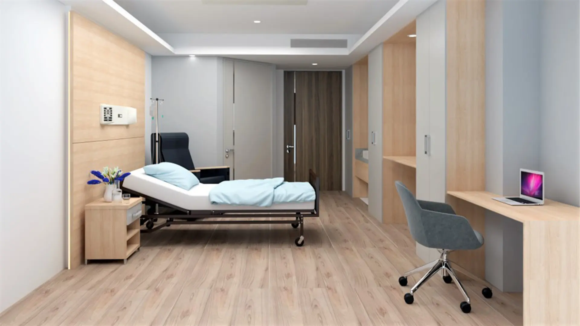 Habitación de hospital acondicionada por Moetti con mobiliario Salud