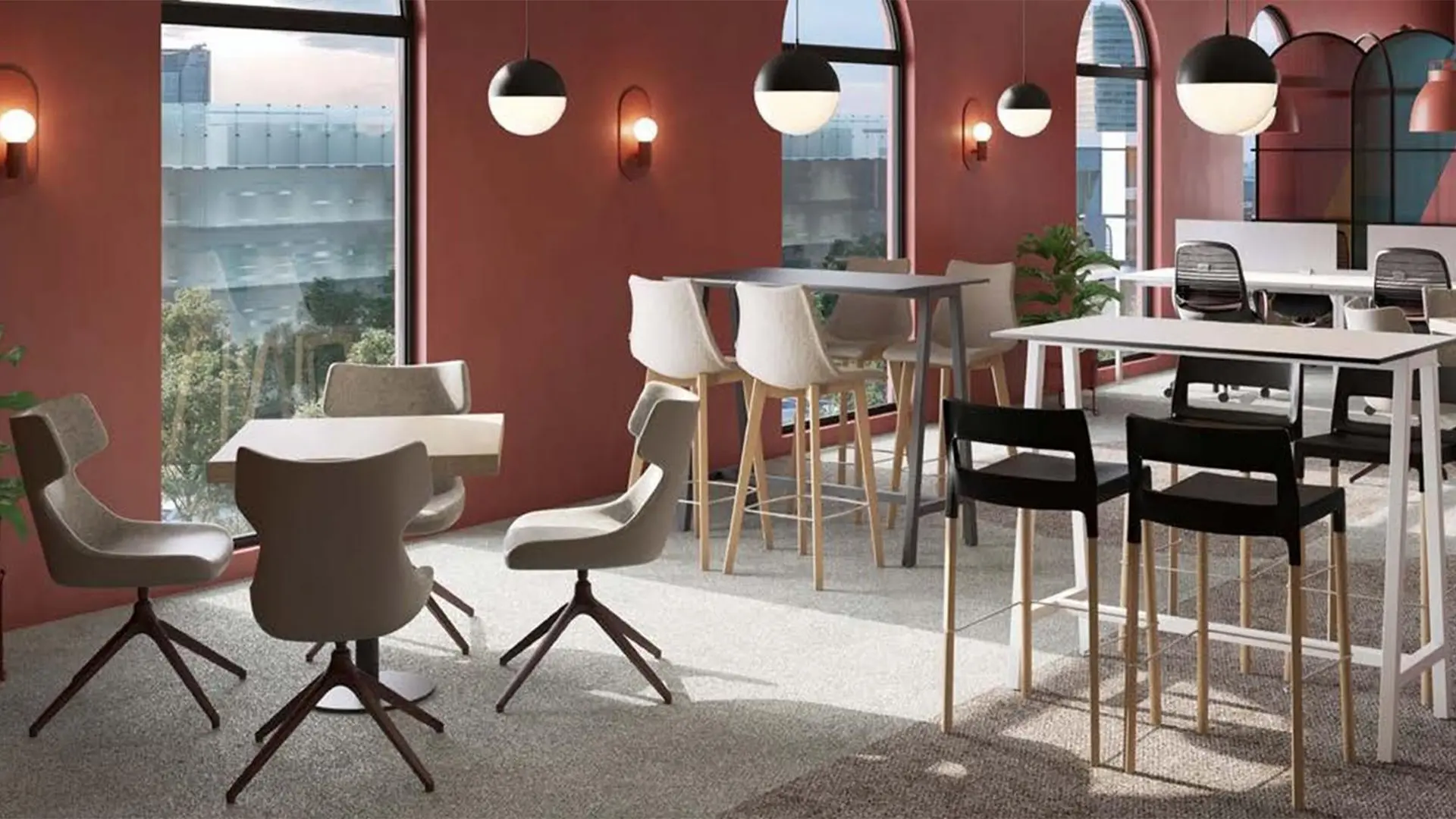 Coffice equipado con mobiliario de Labenze, diseñado para fomentar la comunicación y colaboración entre colaboradores.