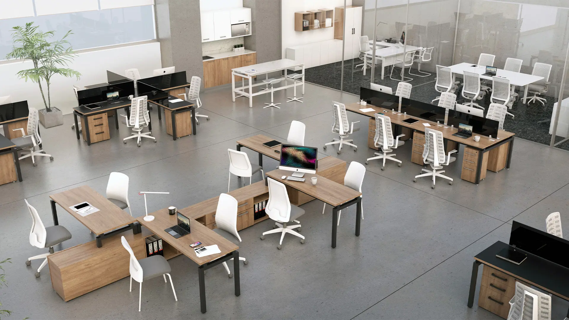 Espacio coworking equipado con mobiliario de Moetti Aqua, diseñado para promover la interacción y la productividad en entornos dinámicos.