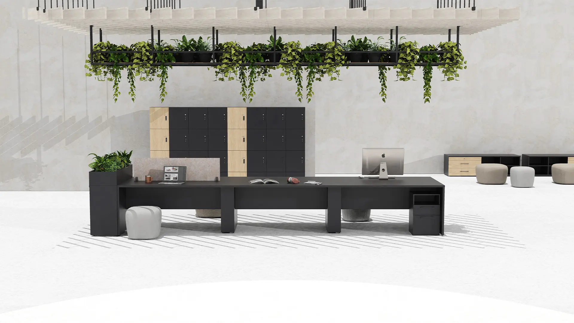 Espacio coworking equipado con mobiliario de Moetti Escarlata, diseñado para promover la interacción y la productividad en entornos dinámicos.