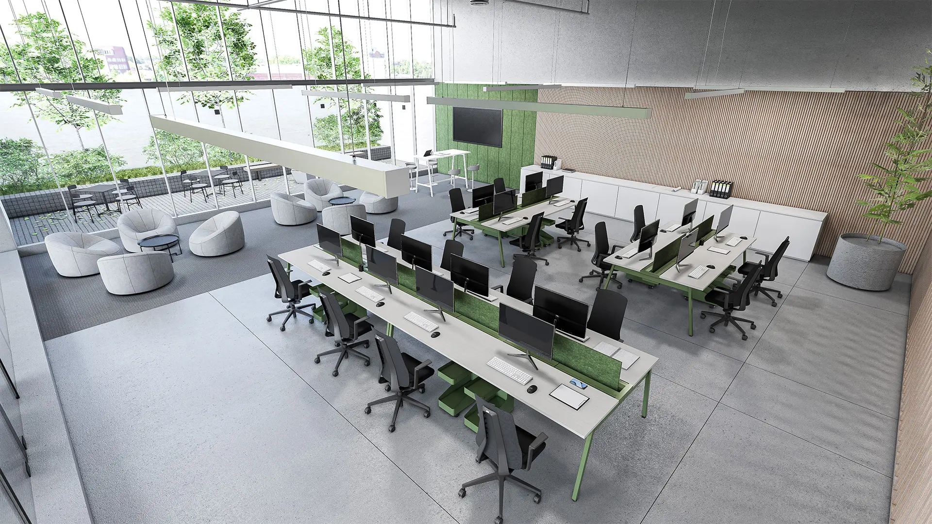 Espacio coworking equipado con mobiliario de Moetti Flex, diseñado para promover la interacción y la productividad en entornos dinámicos.