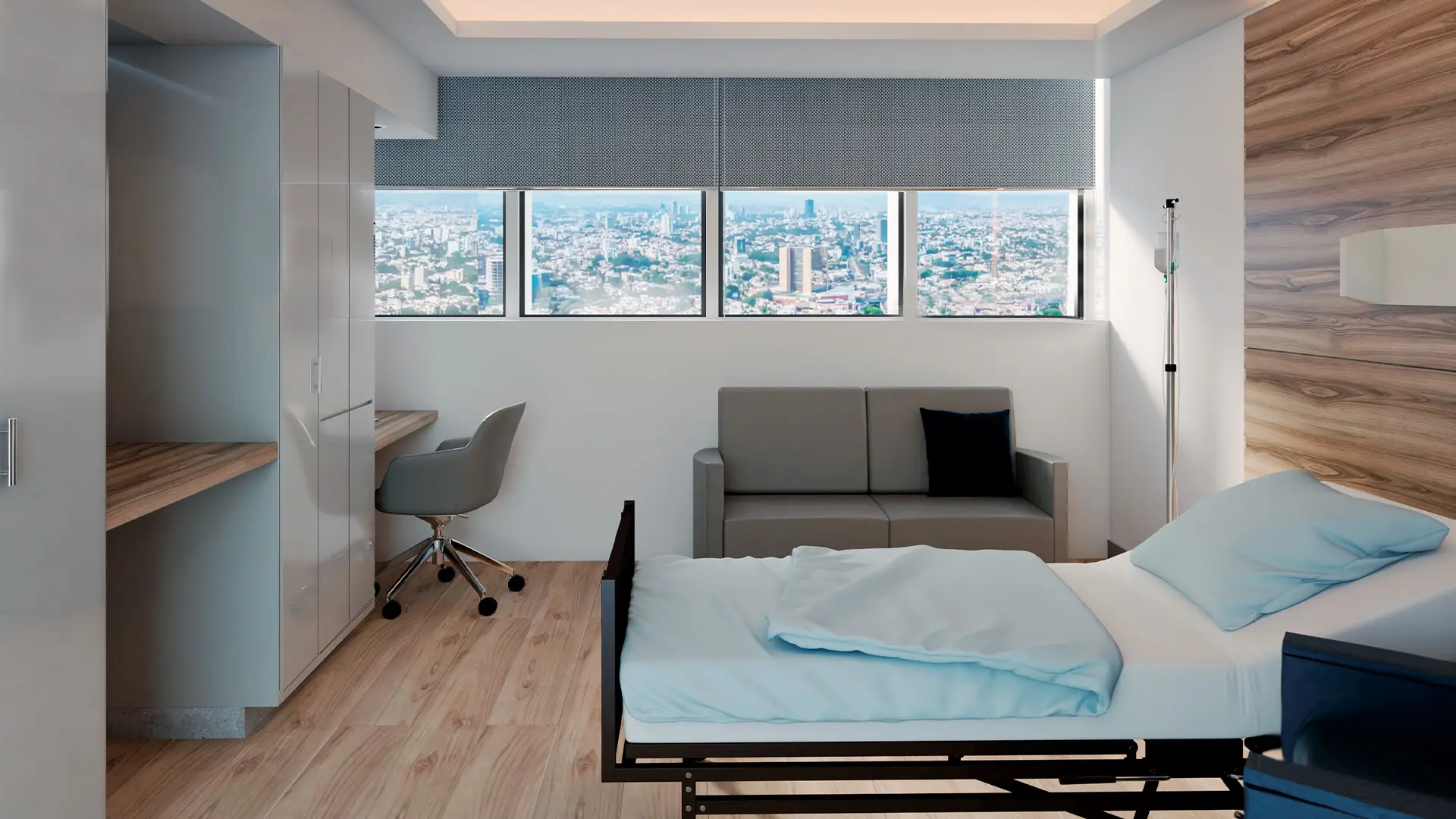 Habitación de hospital equipada con mobiliario ergonómico, diseñado para la comodidad y bienestar del paciente.