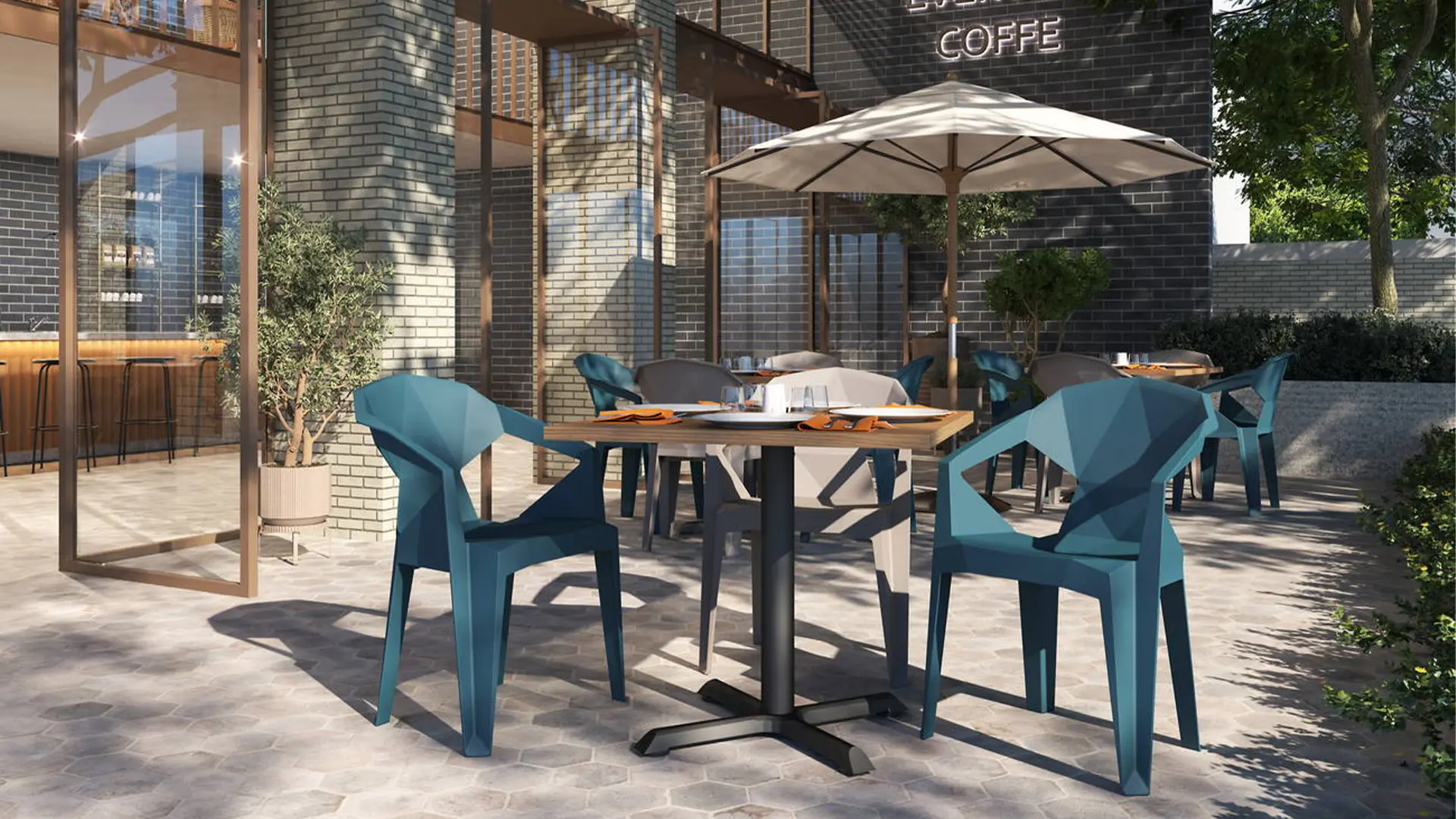 Mobiliario Techno para exteriores, duradero y funcional, disponible en Moetti, ideal para optimizar espacios al aire libre.