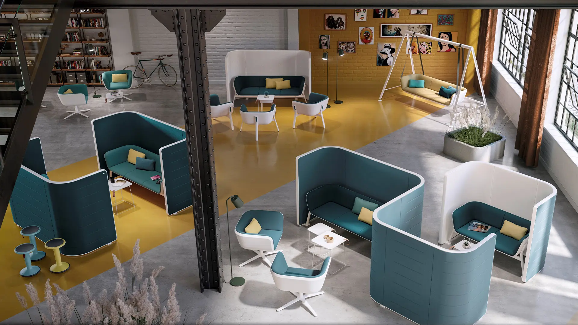 Mobiliario de Interstuhl, incluyendo sofás y sillones ergonómicos, diseñado para promover el descanso y el confort en el entorno laboral.