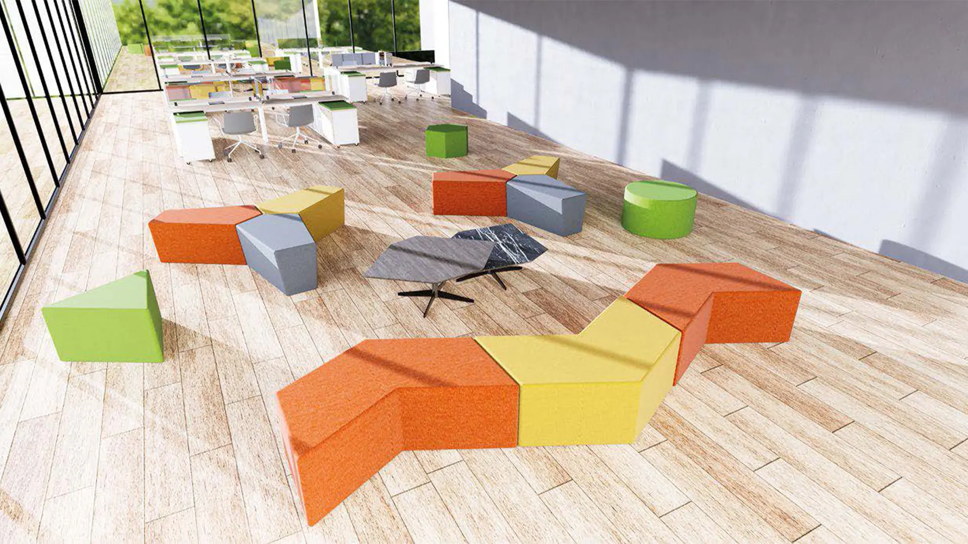 Mobiliario de Lauco, incluyendo sofás y sillones ergonómicos, diseñado para promover el descanso y el confort en el entorno laboral.