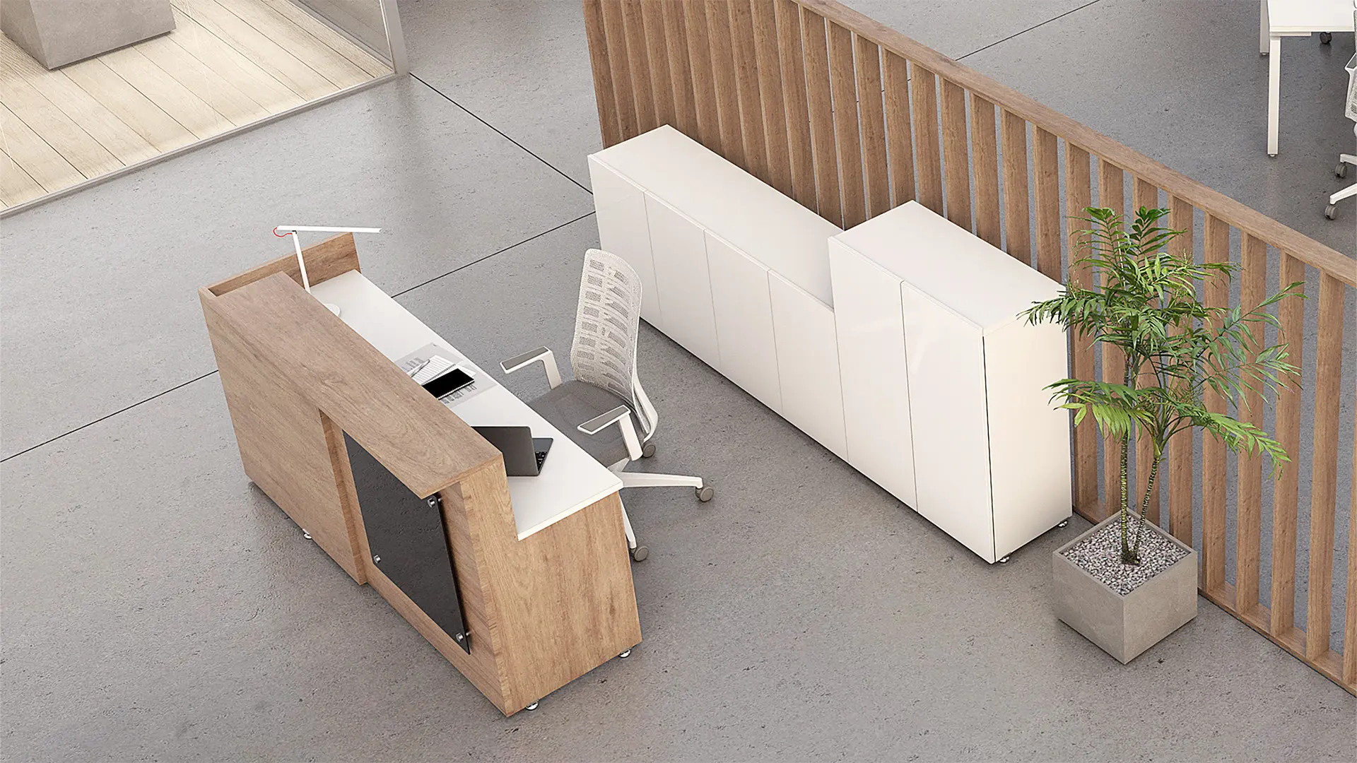 Recepción equipada con mobiliario de Moetti Aqua, diseñada para ofrecer comodidad y calidez en espacios corporativos.