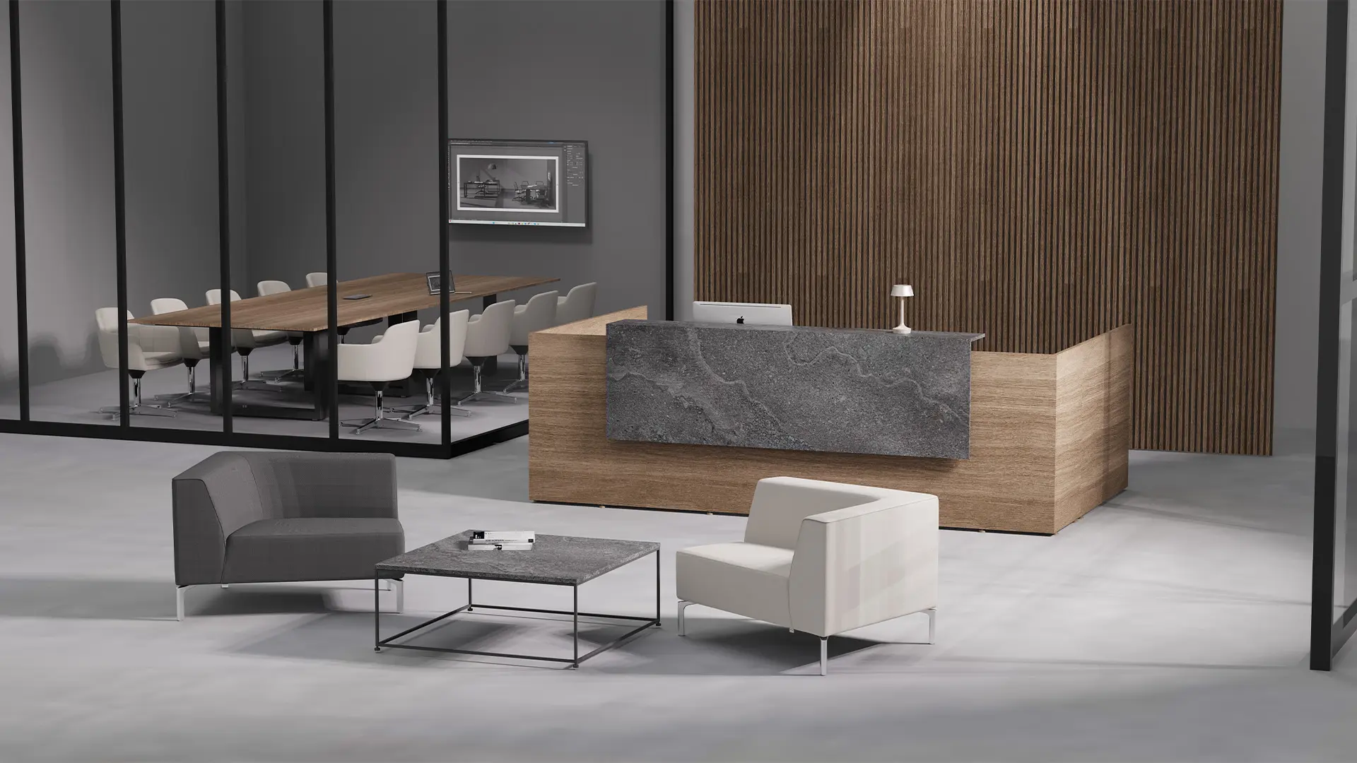 Recepción equipada con mobiliario de Moetti Argos, diseñada para ofrecer comodidad y calidez en espacios corporativos.