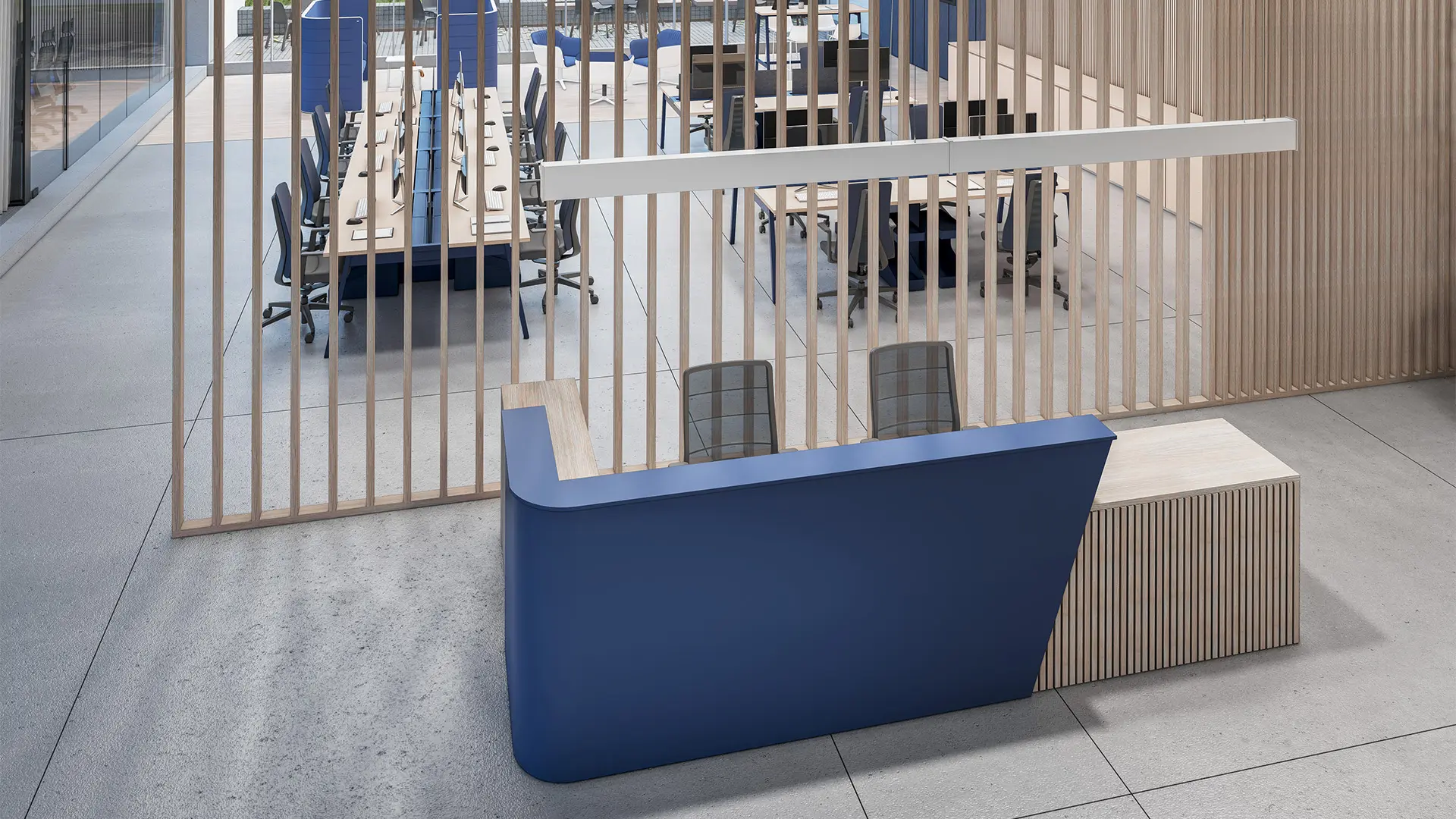 Recepción equipada con mobiliario de Moetti Flex, diseñada para ofrecer comodidad y calidez en espacios corporativos.