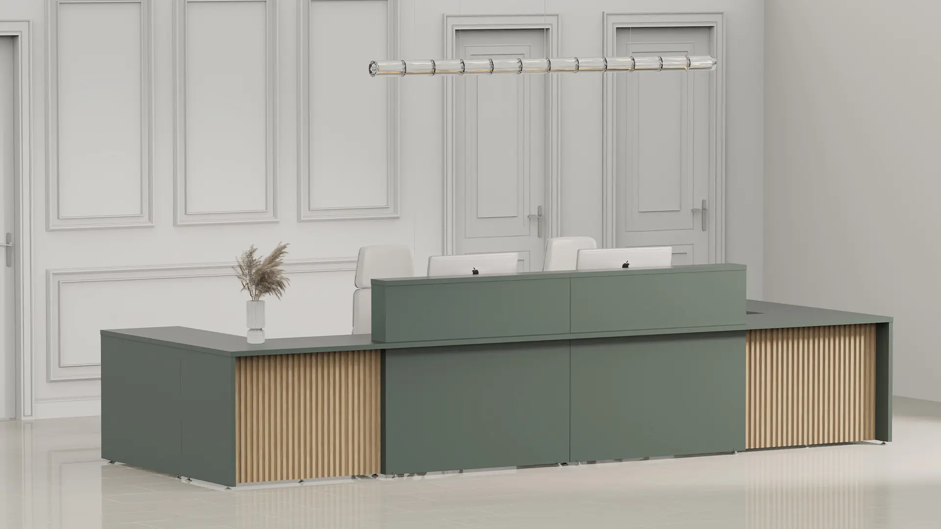 Recepción equipada con mobiliario de Moetti Nova, diseñada para ofrecer comodidad y calidez en espacios corporativos.