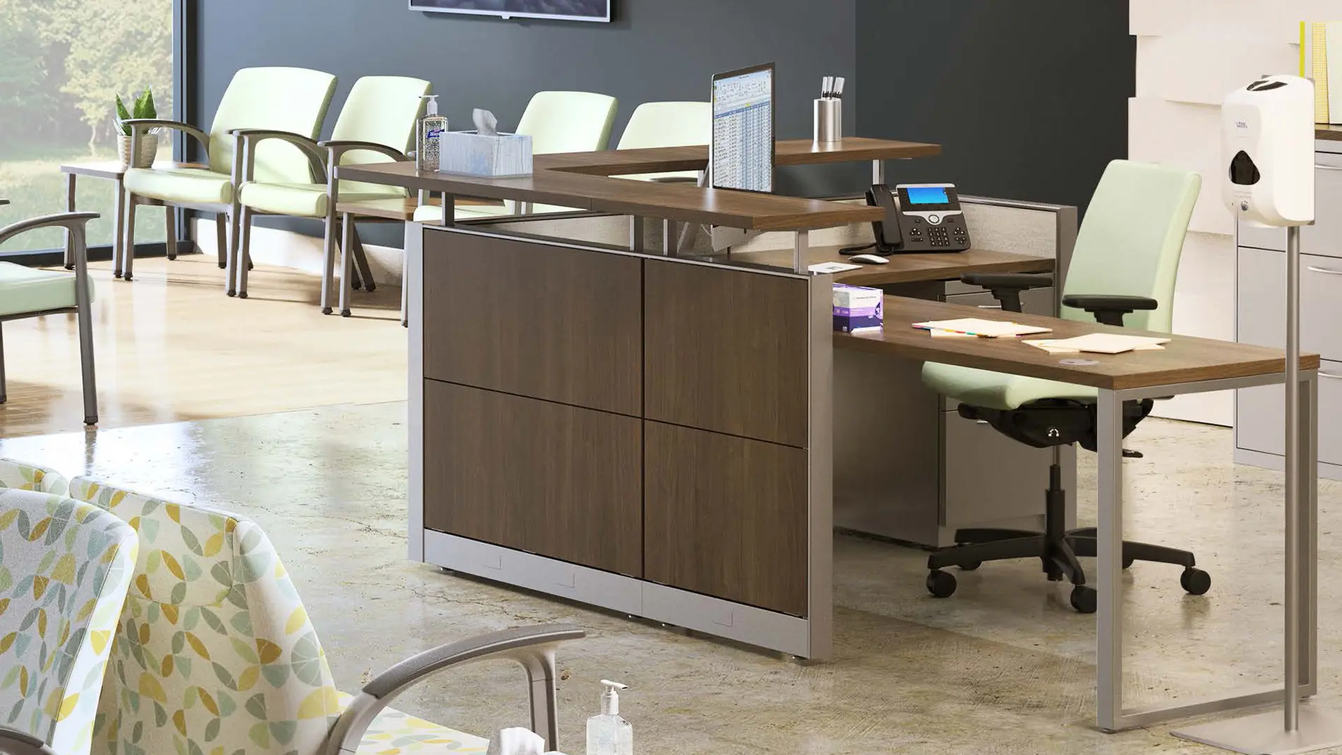 Recepción de hospital con mobiliario de HON