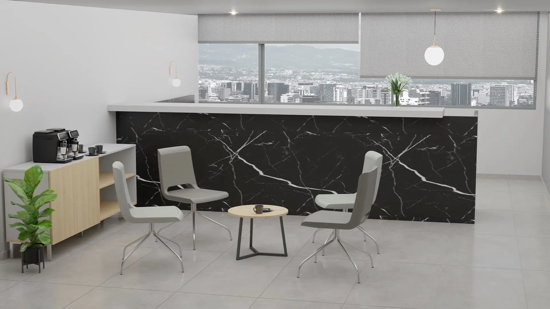 Recepción de hospital equipada con mobiliario de Moetti Escarlata