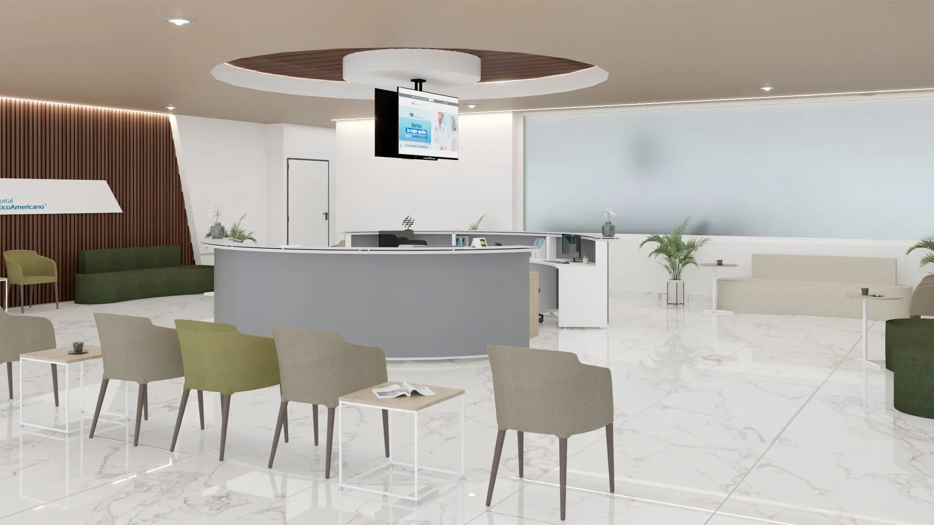 Recepción hospitalaria con mobiliario de Moetti Escarlata