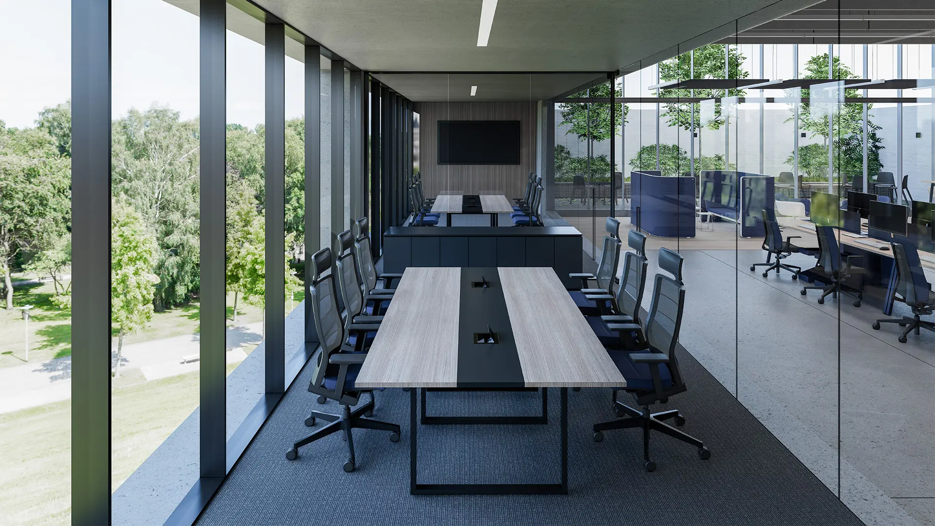 Sala de juntas equipada con mobiliario de Moetti Ensambla, diseñada para fomentar la creatividad y la interacción entre colaboradores.