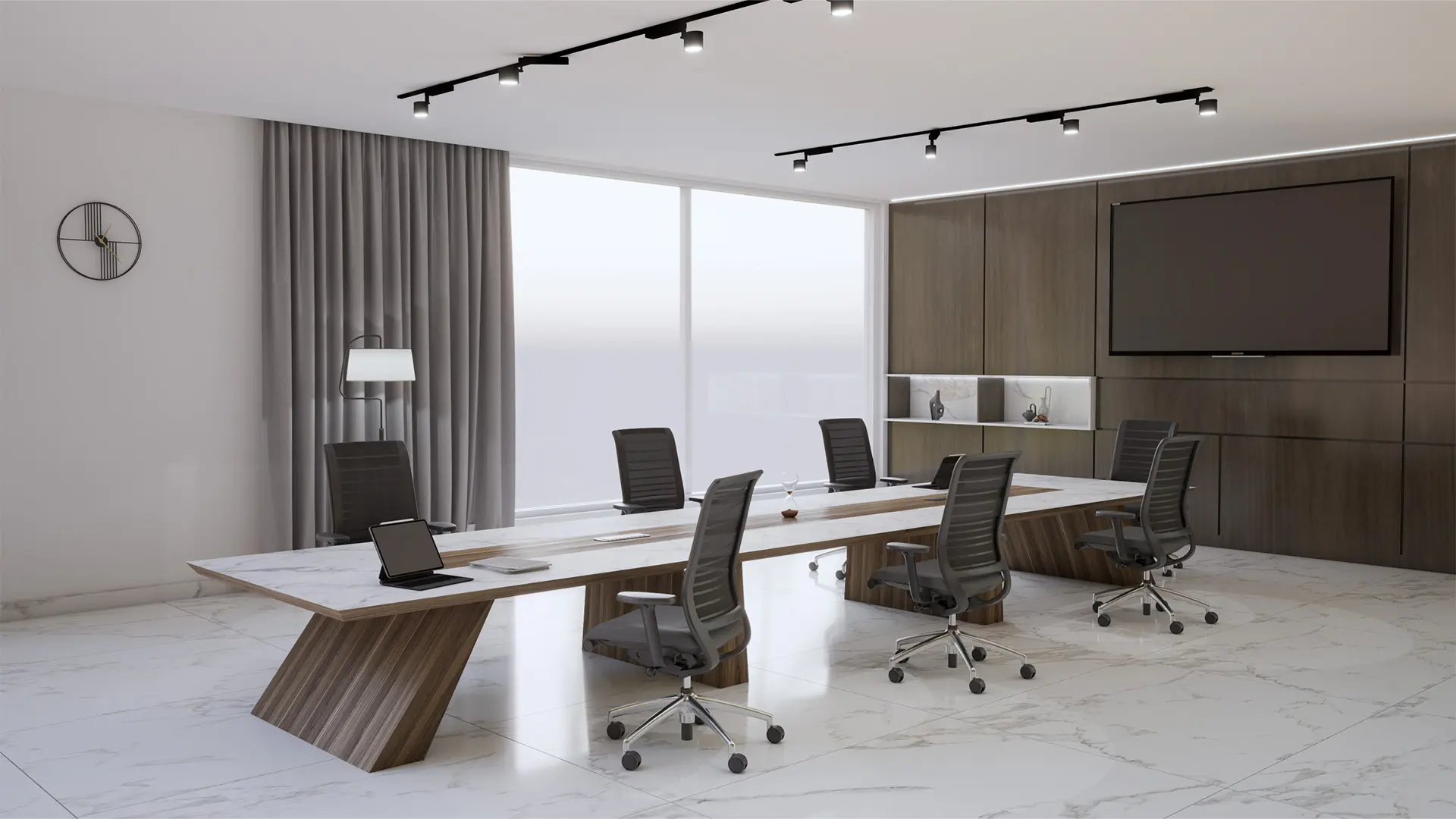 Sala de juntas equipada con mobiliario de Moetti Toscana, diseñada para fomentar la creatividad y la interacción entre colaboradores.