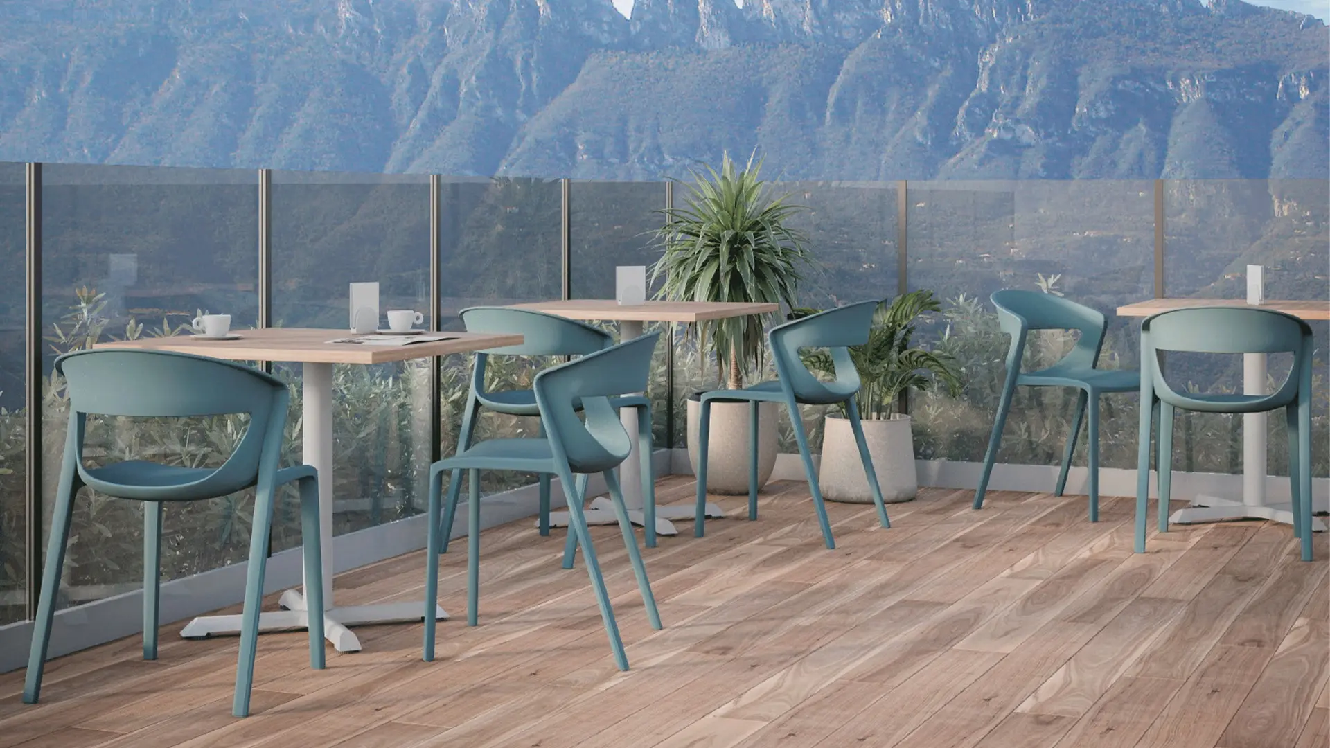 Terrazas con mobiliario de Bratti que integran confort, vegetación y aire libre para fomentar la productividad y el bienestar.