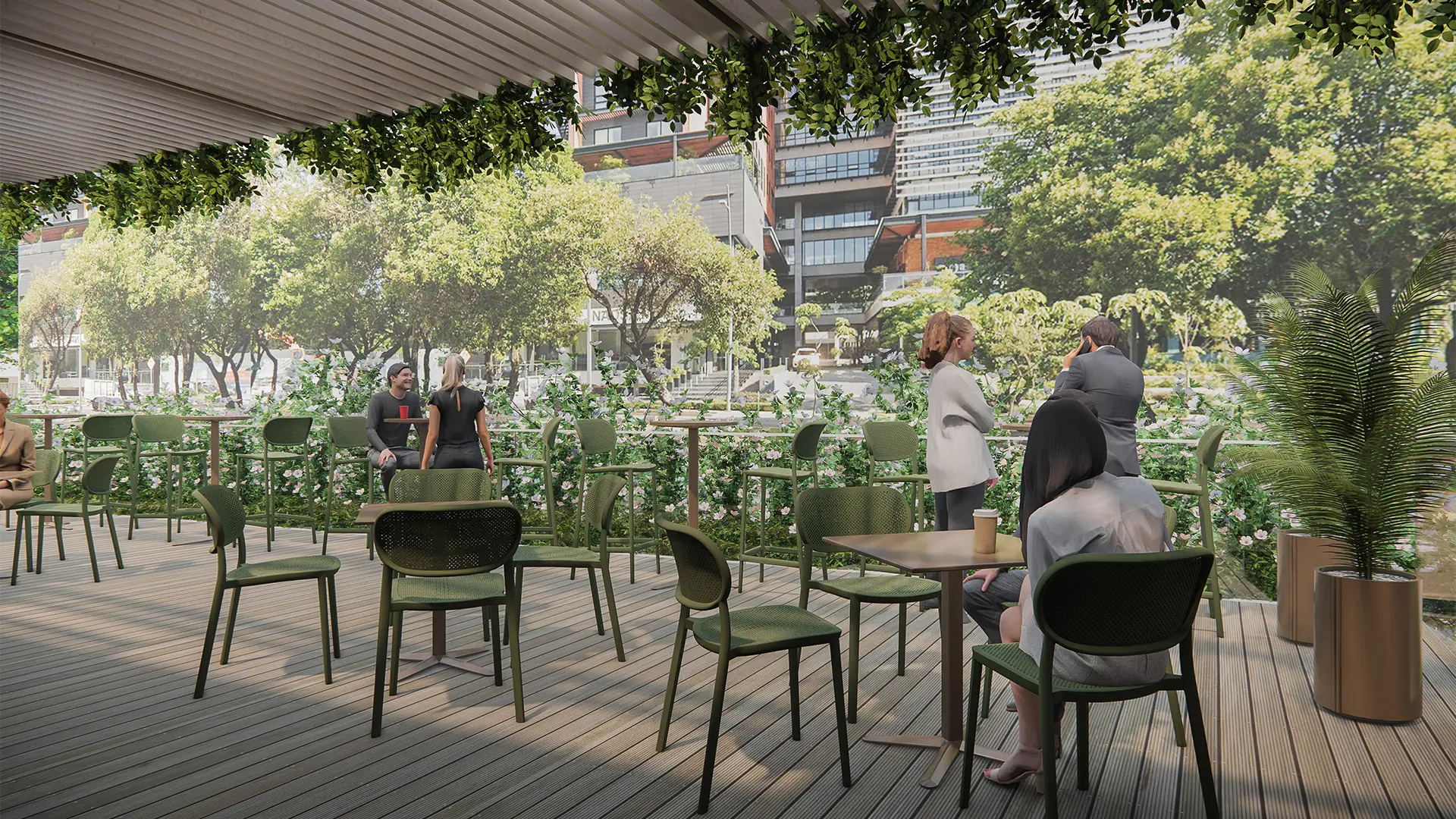 Terraza equipada con mobiliario de Labenze que fomenta la relajación y la productividad en el entorno laboral al aire libre.