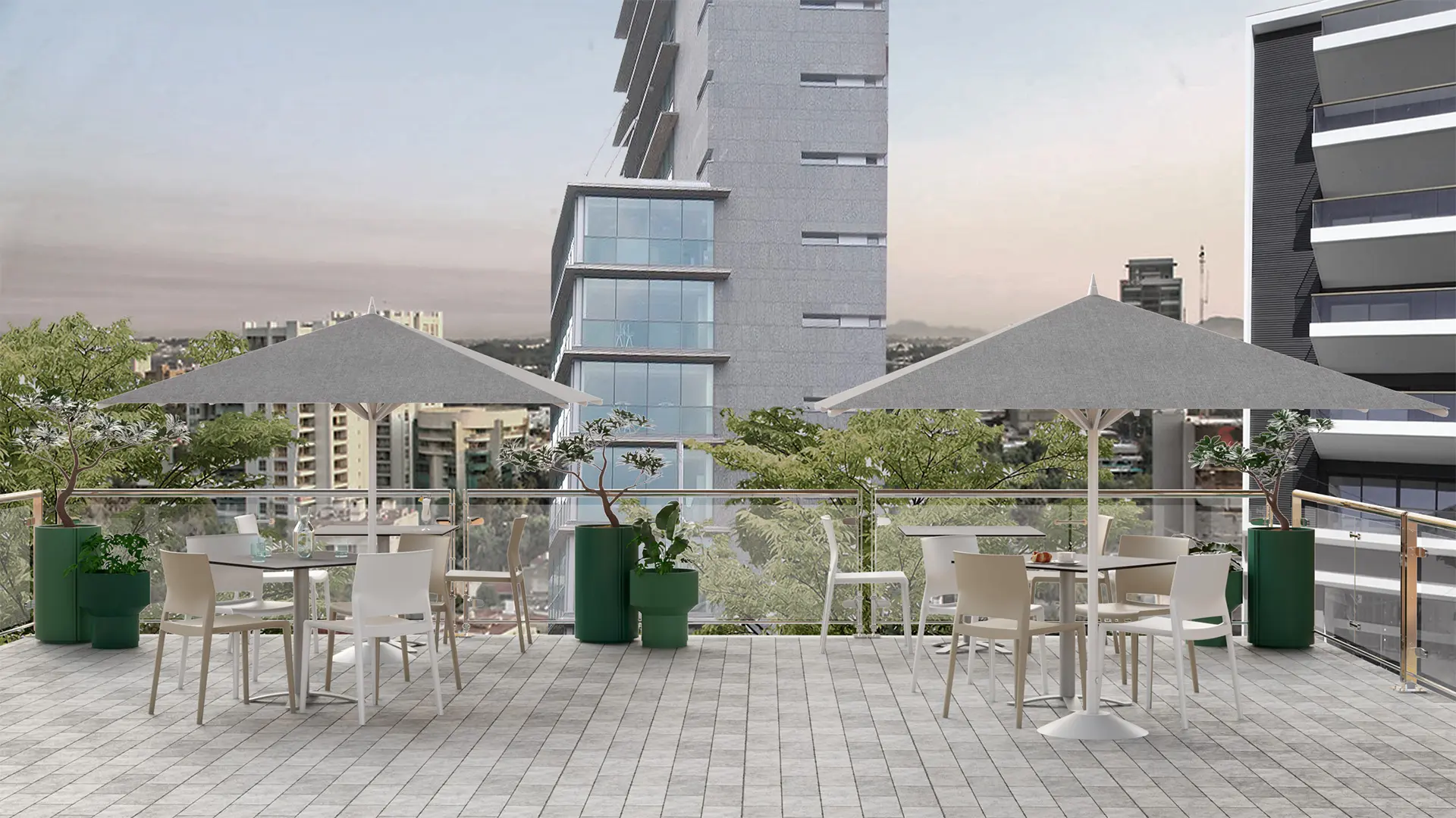Terrazas con mobiliario de Labenze que integran confort, vegetación y aire libre para fomentar la productividad y el bienestar.